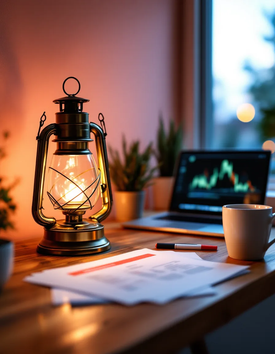 A brass lantern glowing on a tidy desk beside a laptop and a printed report at dusk